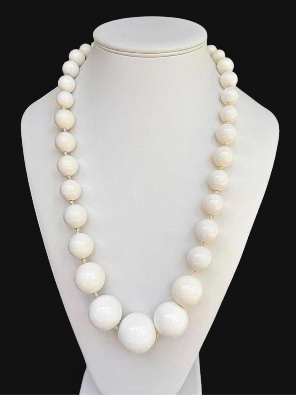 Milk Glass Graduated Beaded Necklace Hand Knotted Gold Tone Mid Century 24”